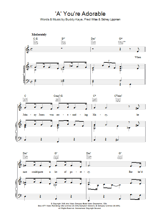 Buddy Kaye 'A' You're Adorable sheet music notes and chords arranged for Piano, Vocal & Guitar Chords