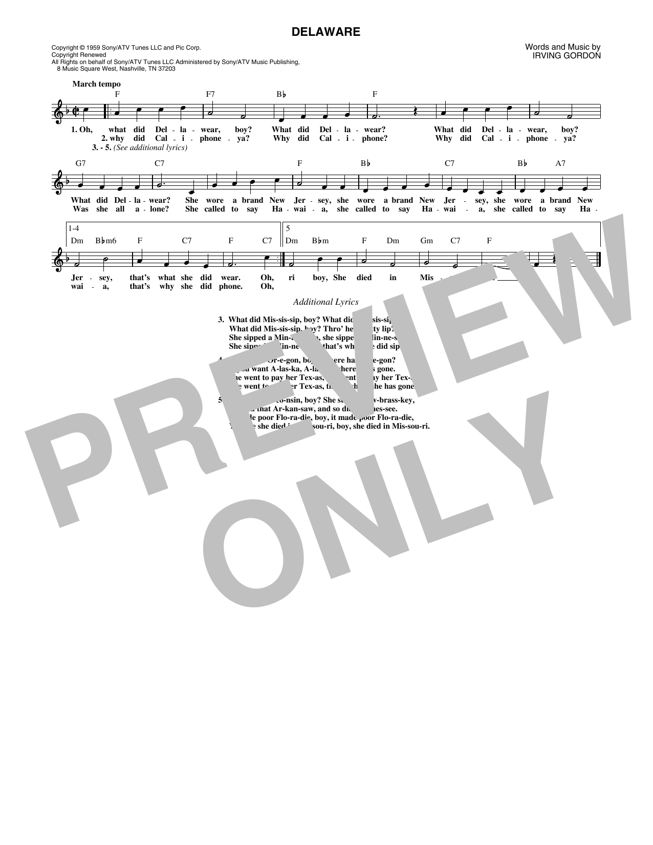 Perry Como Delaware sheet music notes and chords. Download Printable PDF.