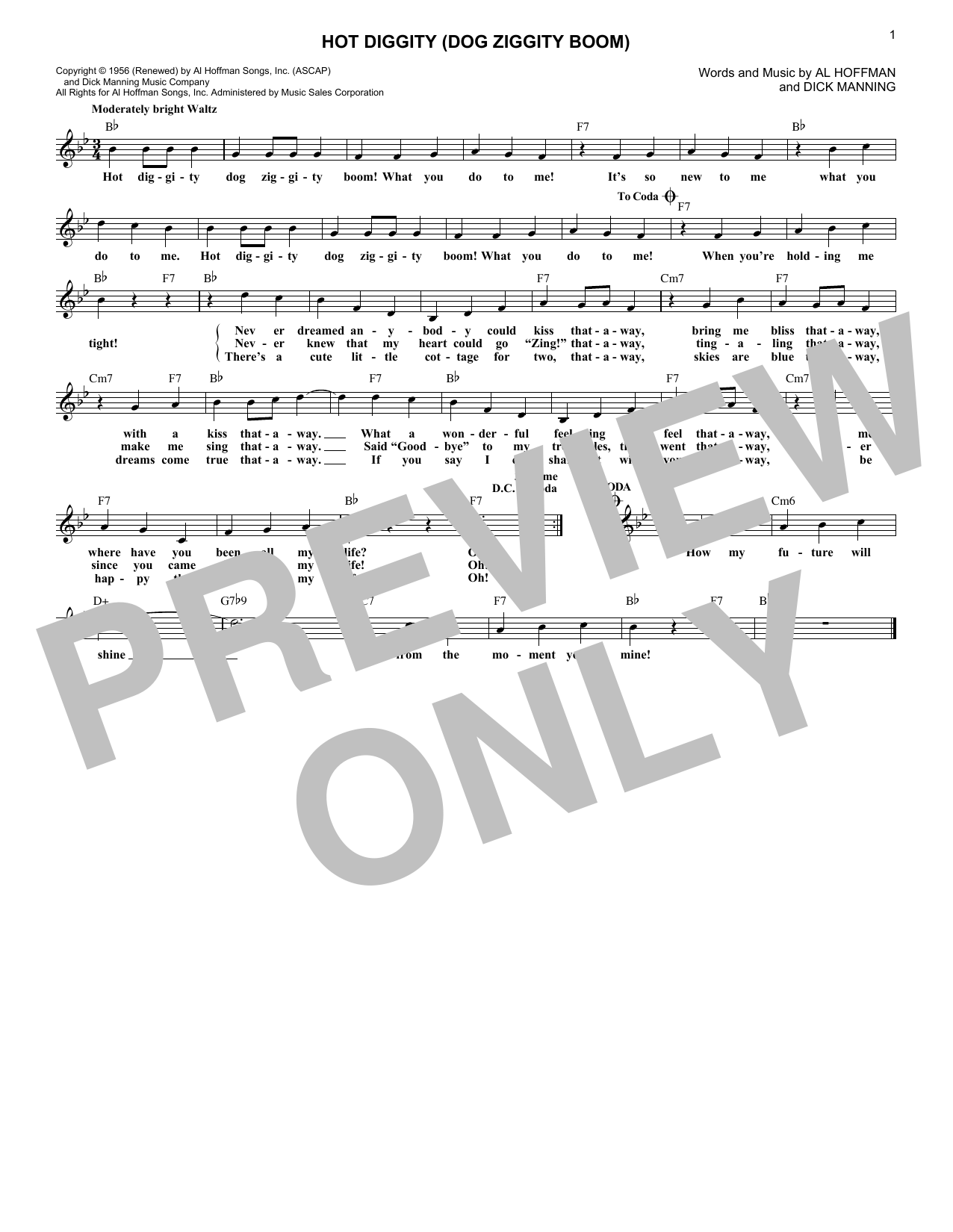 Perry Como Hot Diggity (Dog Ziggity Boom) sheet music notes and chords. Download Printable PDF.