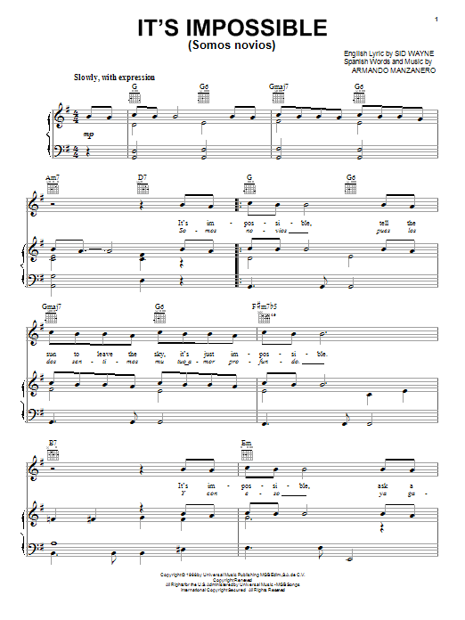 Perry Como It's Impossible (Somos Novios) sheet music notes and chords. Download Printable PDF.