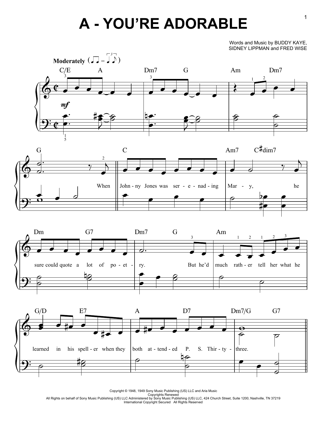 Learn to play Perry Como & The Fontane Sisters A - You're Adorable sheet music for Easy Piano in minutes. Price: 6.9900$ Perry Como & The Fontane Sisters A - You're Adorable sheet music notes and chords arranged for Easy Piano