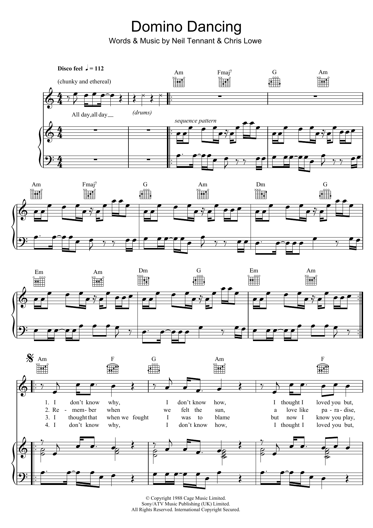 Pet Shop Boys Domino Dancing sheet music notes and chords arranged for Piano, Vocal & Guitar Chords