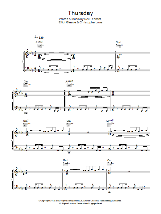 Learn to play Pet Shop Boys Thursday (feat. Example) sheet music for Piano, Vocal & Guitar Chords in minutes. Price: 7.8900$ Pet Shop Boys Thursday (feat. Example) sheet music notes and chords arranged for Piano, Vocal & Guitar Chords