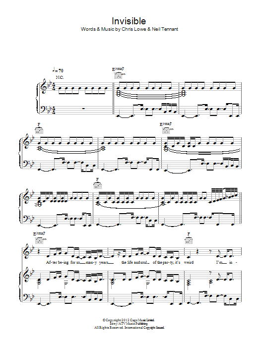 Learn to play Pet Shop Boys Invisible sheet music for Piano, Vocal & Guitar Chords in minutes. Price: 7.8900$ Pet Shop Boys Invisible sheet music notes and chords arranged for Piano, Vocal & Guitar Chords