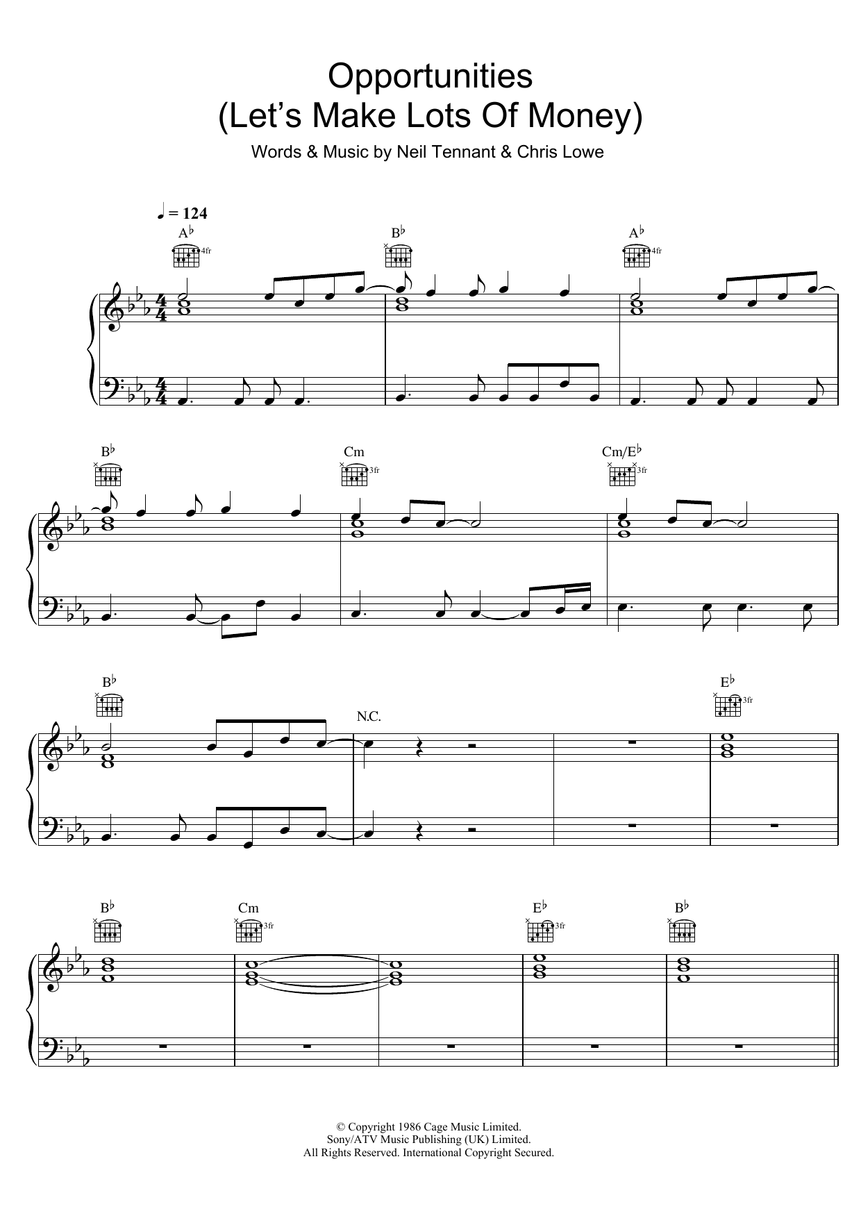 Learn to play Pet Shop Boys Opportunities (Let's Make Lots Of Money) sheet music for Piano, Vocal & Guitar Chords in minutes. Price: 7.8900$ Pet Shop Boys Opportunities (Let's Make Lots Of Money) sheet music notes and chords arranged for Piano, Vocal & Guitar Chords