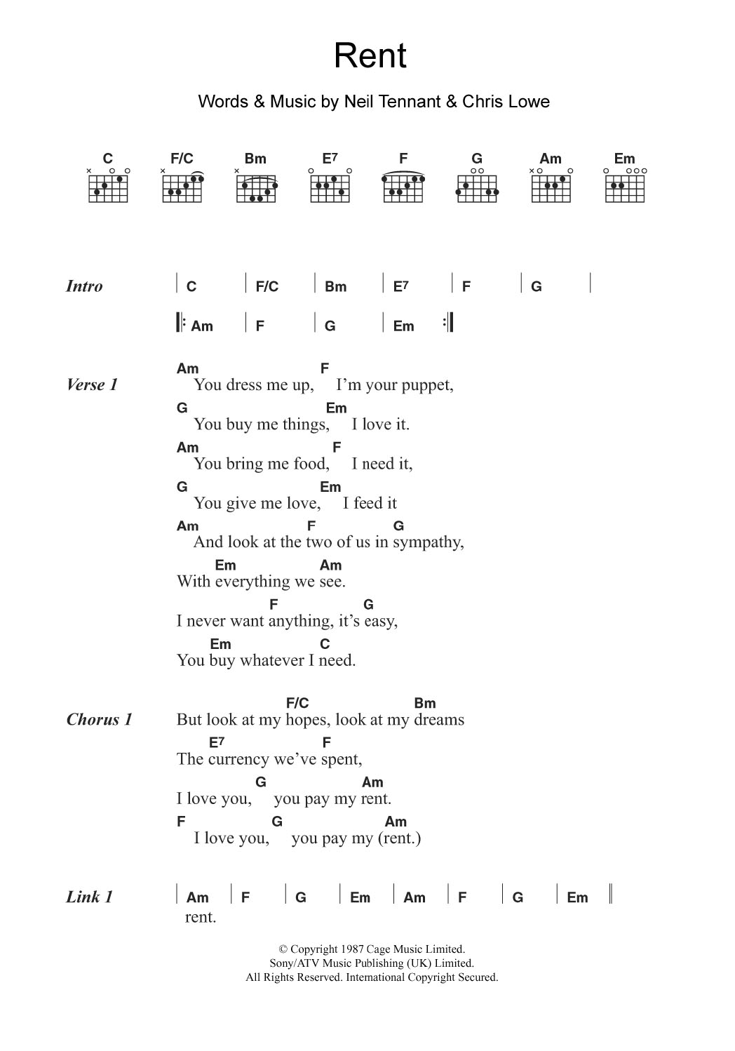 Pet Shop Boys Rent sheet music notes and chords. Download Printable PDF.