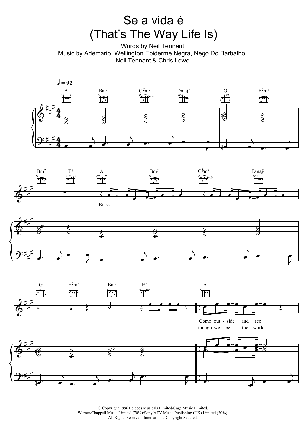 Learn to play Pet Shop Boys Se a vida é (That's The Way Life Is) sheet music for Piano, Vocal & Guitar Chords in minutes. Price: 7.8900$ Pet Shop Boys Se a vida é (That's The Way Life Is) sheet music notes and chords arranged for Piano, Vocal & Guitar Chords