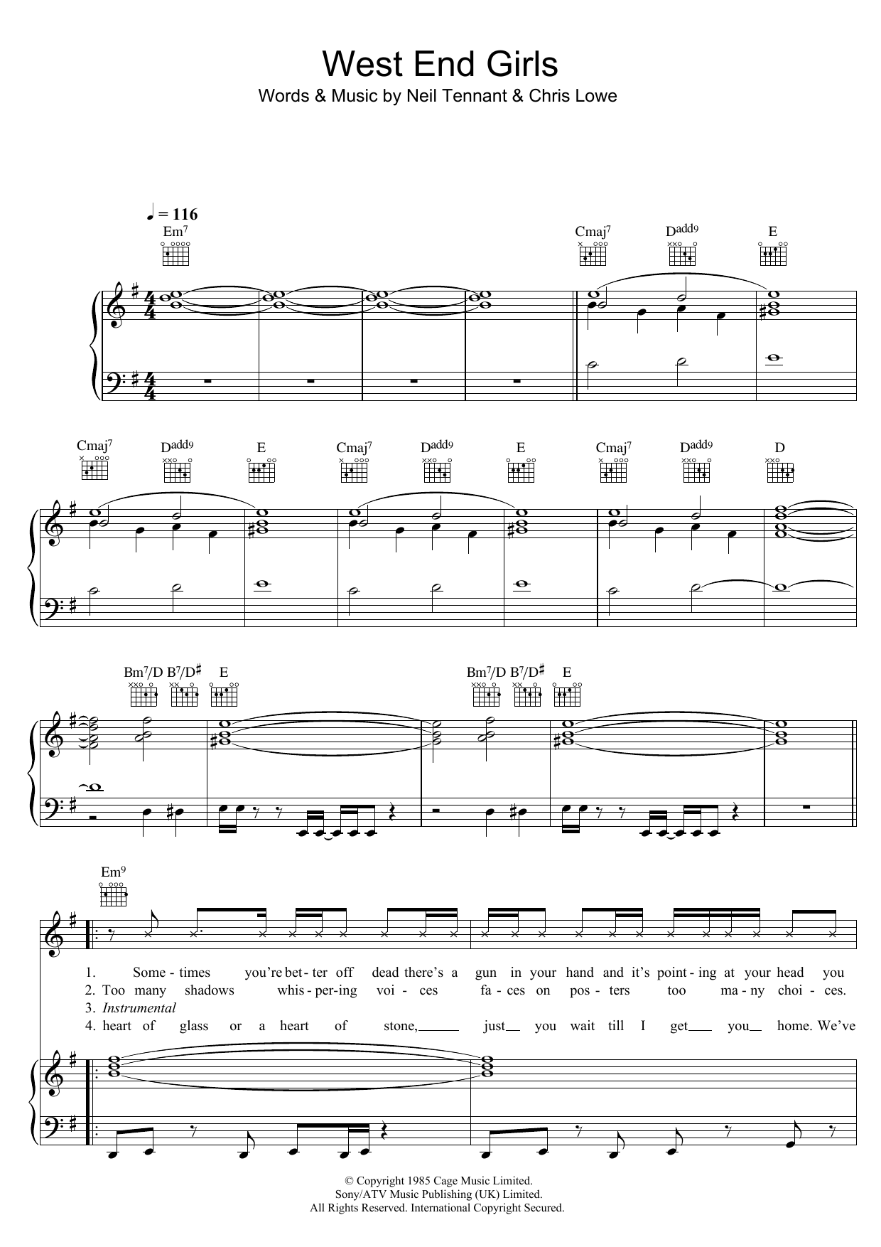 Pet Shop Boys West End Girls sheet music notes and chords. Download Printable PDF.