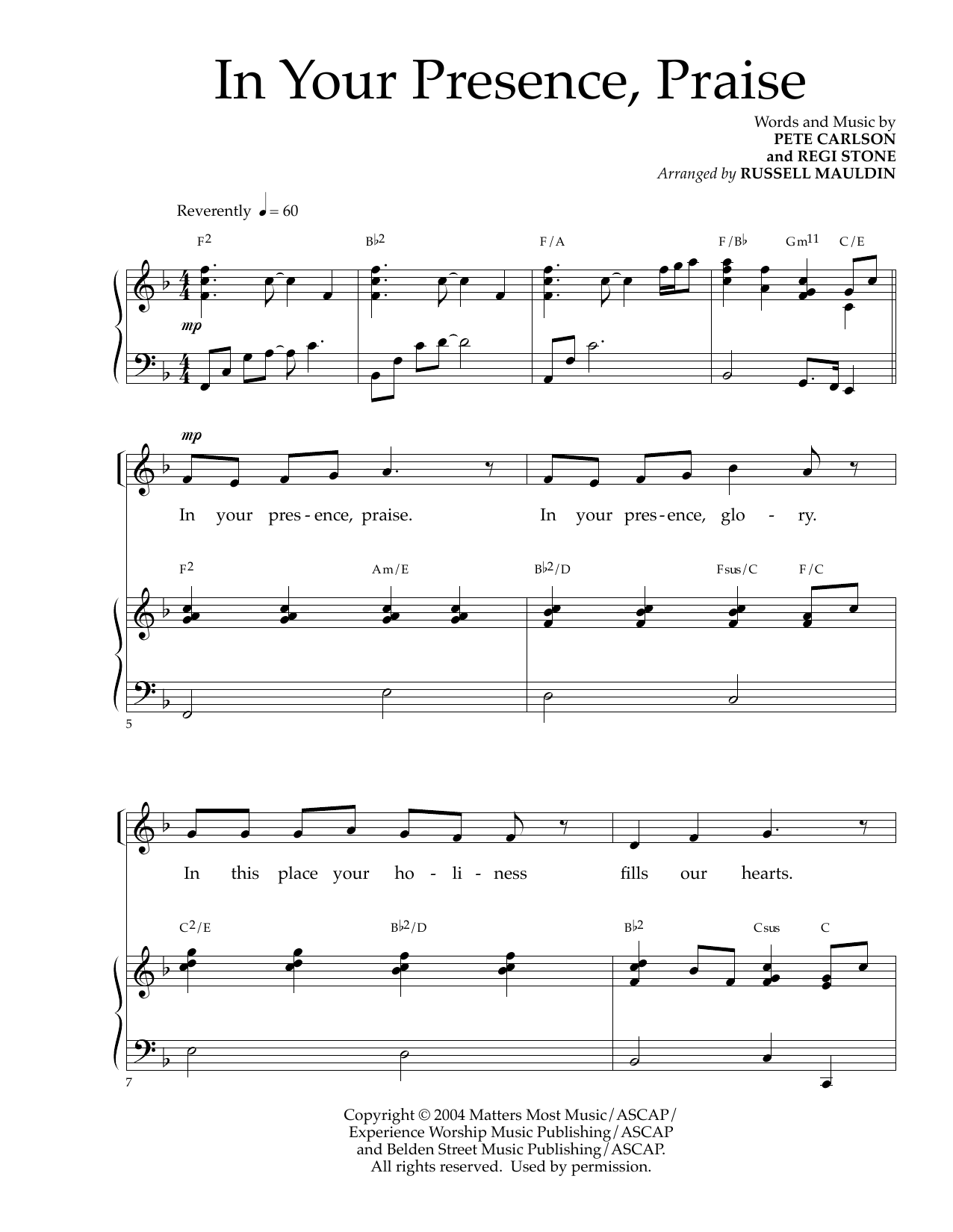 Pete Carlson and Regi Stone In Your Presence, Praise (arr. Russell Mauldin) sheet music notes and chords arranged for Piano & Vocal