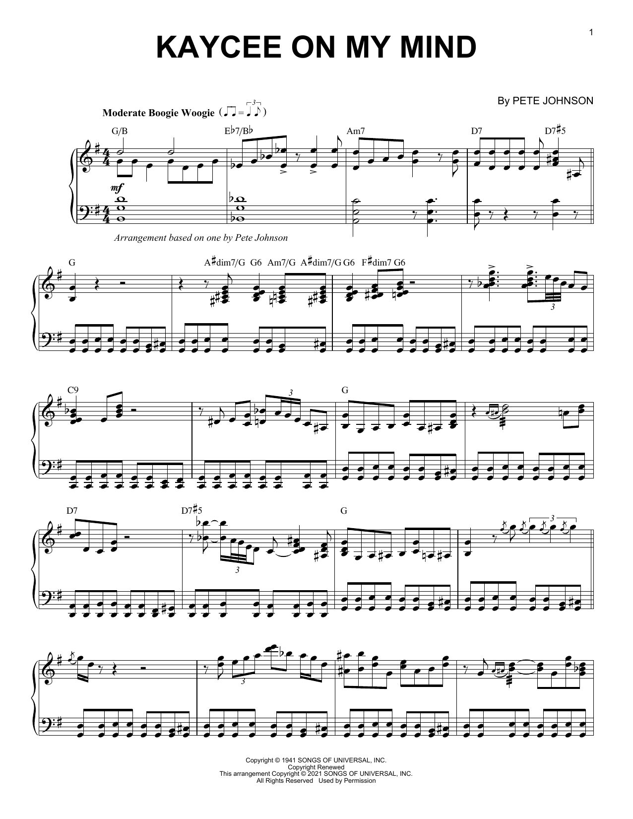 Pete Johnson Kaycee On My Mind (arr. Brent Edstrom) sheet music notes and chords. Download Printable PDF.