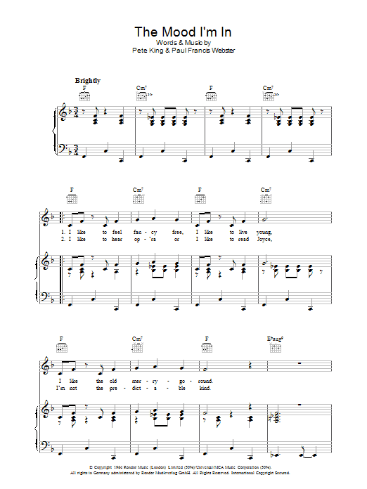 Learn to play Pete King The Mood I'm In sheet music for Piano, Vocal & Guitar Chords in minutes. Price: 7.8900$ Pete King The Mood I'm In sheet music notes and chords arranged for Piano, Vocal & Guitar Chords