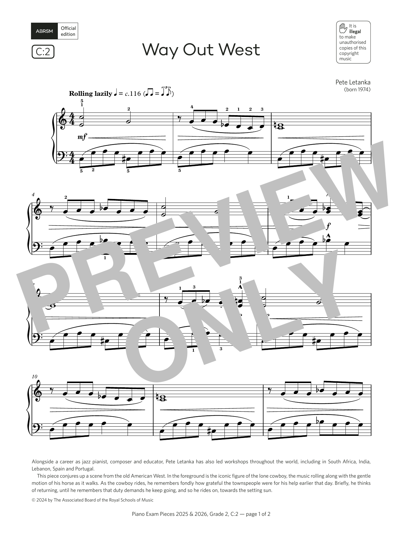 Pete Letanka Way Out West (Grade 2, list C2, from the ABRSM Piano Syllabus 2025 & 2026) sheet music notes and chords. Download Printable PDF.