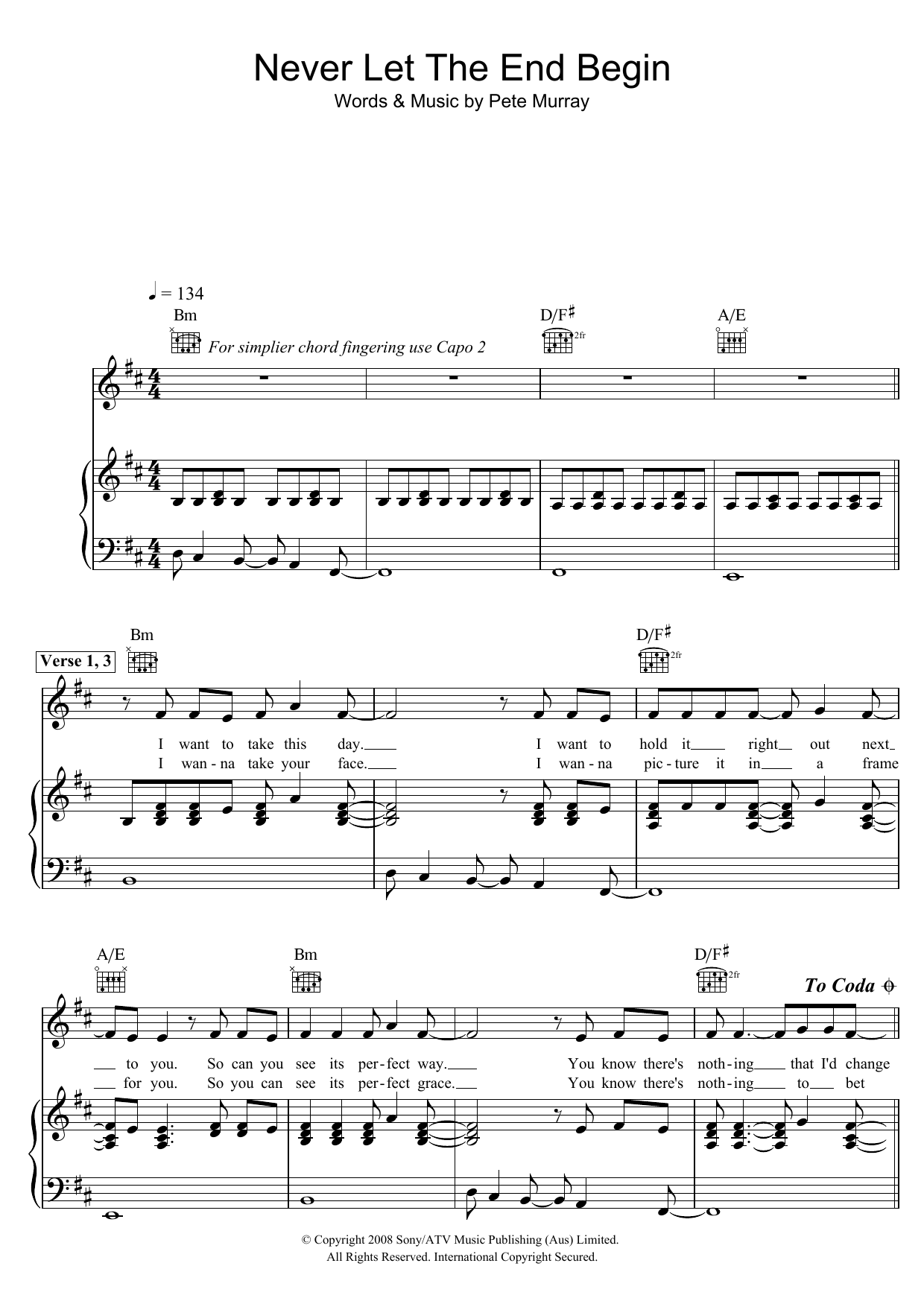 Learn to play Pete Murray Never Let The End Begin sheet music for Piano, Vocal & Guitar Chords in minutes. Price: 7.8900$ Pete Murray Never Let The End Begin sheet music notes and chords arranged for Piano, Vocal & Guitar Chords