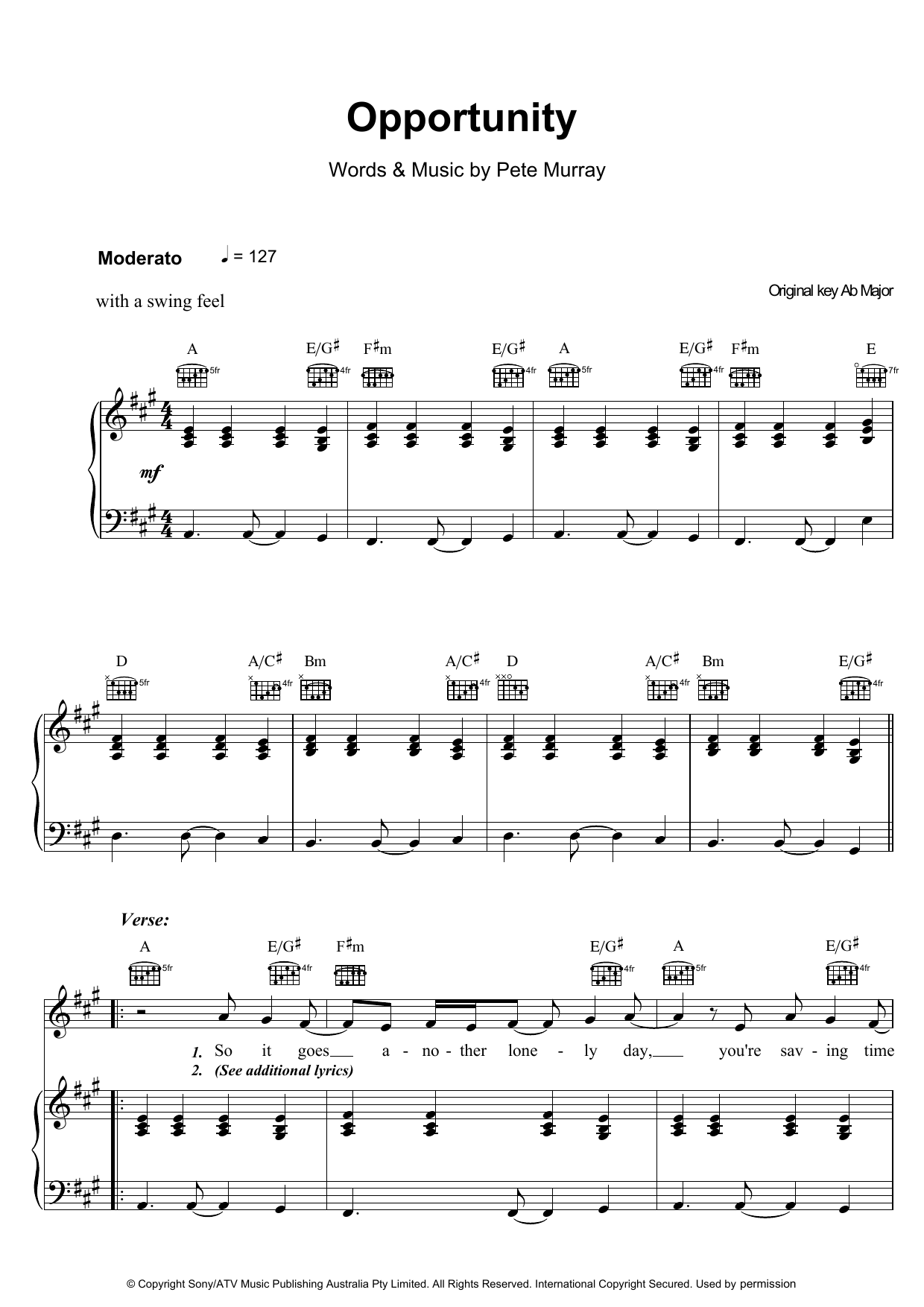 Learn to play Pete Murray Opportunity sheet music for Piano, Vocal & Guitar Chords in minutes. Price: 7.8900$ Pete Murray Opportunity sheet music notes and chords arranged for Piano, Vocal & Guitar Chords