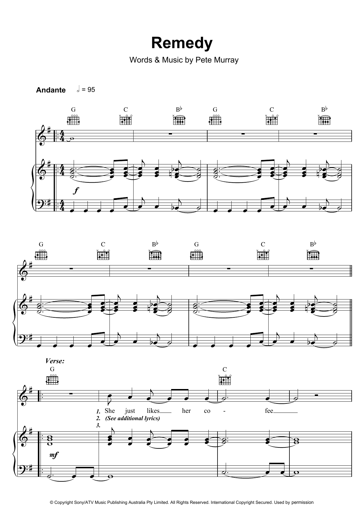 Learn to play Pete Murray Remedy sheet music for Piano, Vocal & Guitar Chords in minutes. Price: 7.8900$ Pete Murray Remedy sheet music notes and chords arranged for Piano, Vocal & Guitar Chords