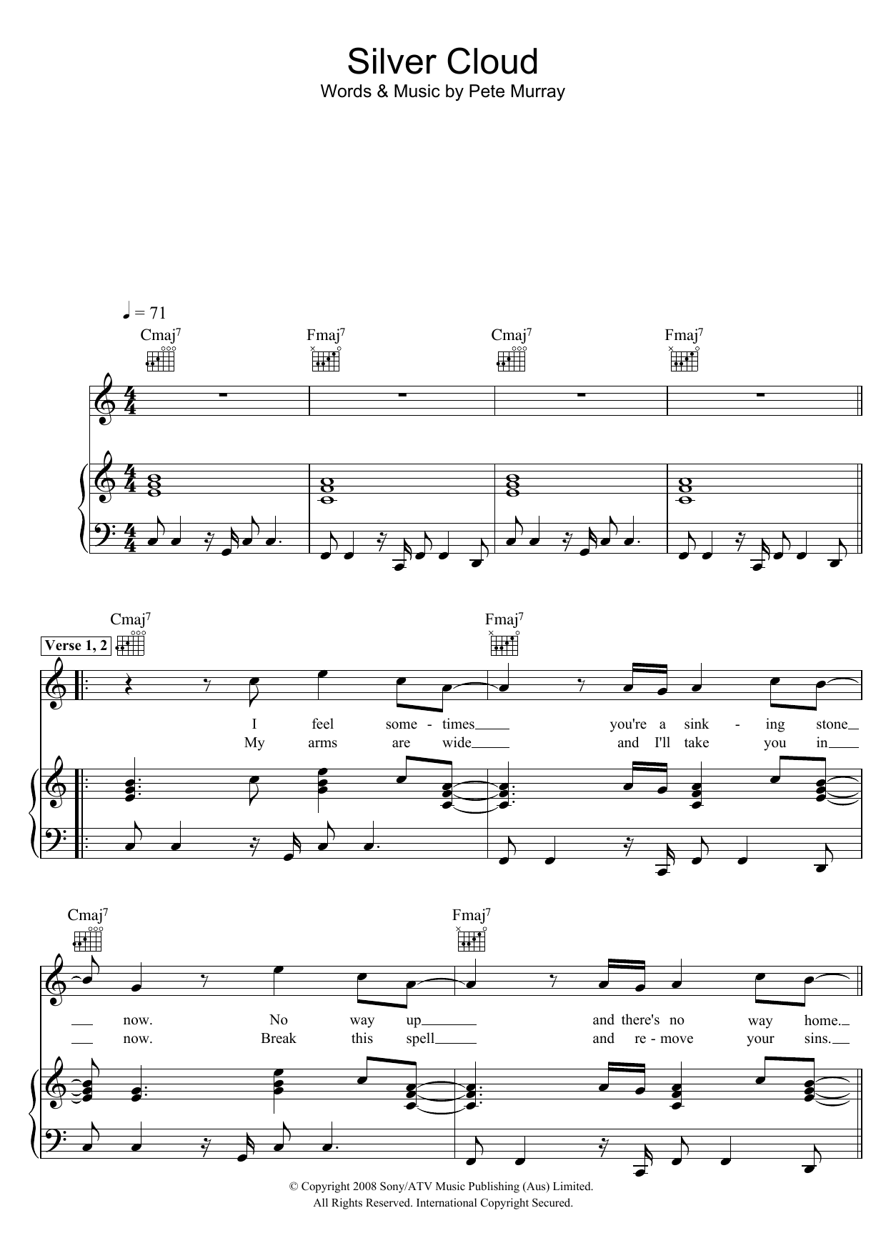 Learn to play Pete Murray Silver Cloud sheet music for Piano, Vocal & Guitar Chords in minutes. Price: 7.8900$ Pete Murray Silver Cloud sheet music notes and chords arranged for Piano, Vocal & Guitar Chords