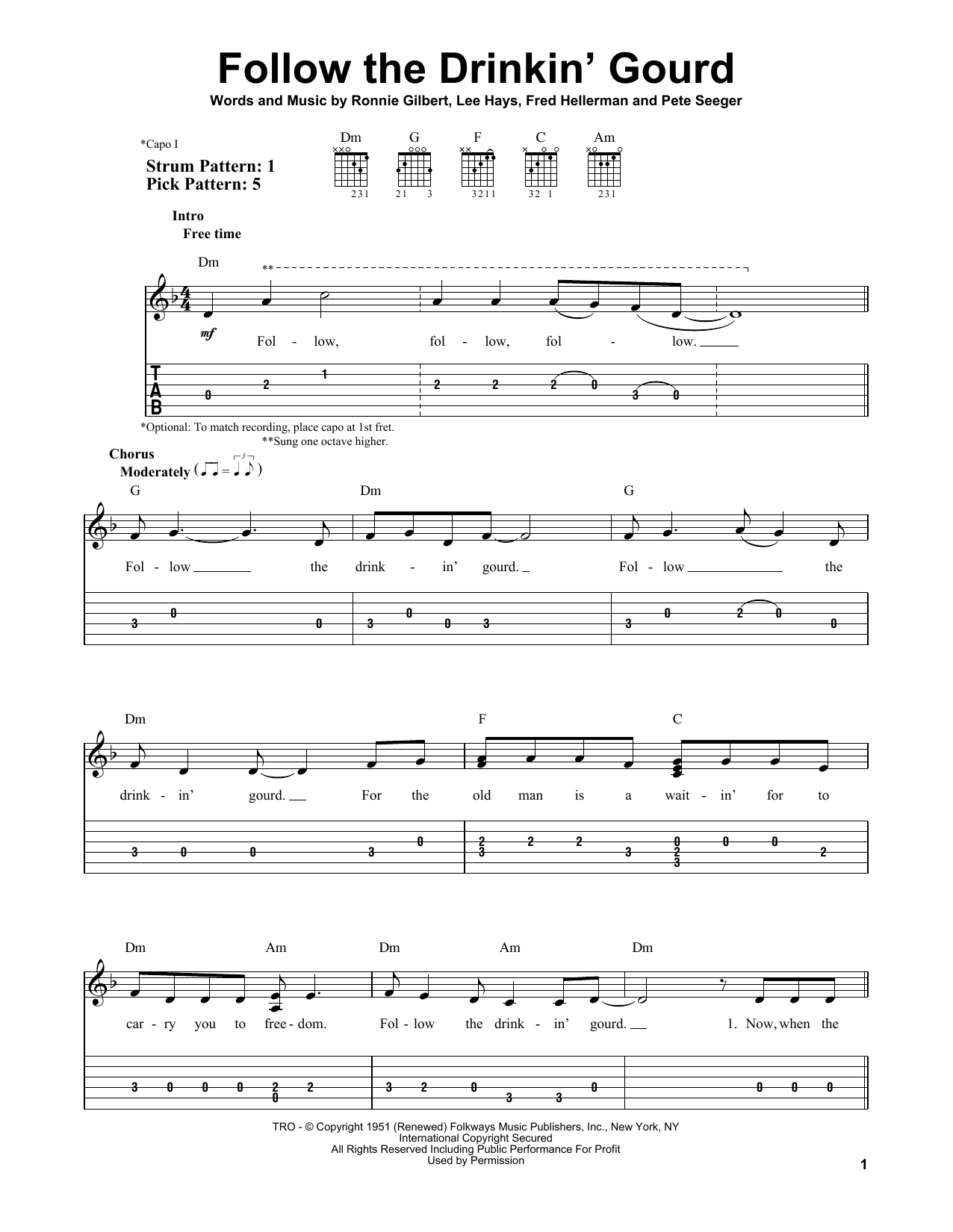 Pete Seeger Follow The Drinkin' Gourd sheet music notes and chords. Download Printable PDF.