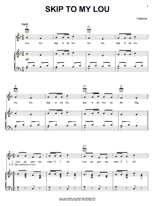 Learn to play Pete Seeger Skip To My Lou sheet music for Piano, Vocal & Guitar Chords (Right-Hand Melody) in minutes. Price: 7.8900$ Pete Seeger Skip To My Lou sheet music notes and chords arranged for Piano, Vocal & Guitar Chords (Right-Hand Melody)