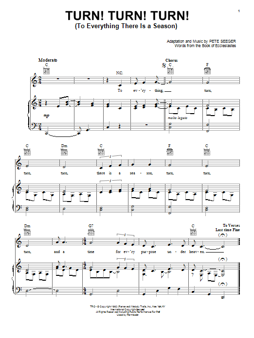 Pete Seeger Turn! Turn! Turn! (To Everything There Is A Season) sheet music notes and chords. Download Printable PDF.