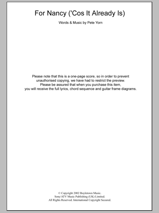 Learn to play Pete Yorn For Nancy (‘Cos It Already Is) sheet music for Guitar Chords/Lyrics in minutes. Price: 4.4900$ Pete Yorn For Nancy (‘Cos It Already Is) sheet music notes and chords arranged for Guitar Chords/Lyrics