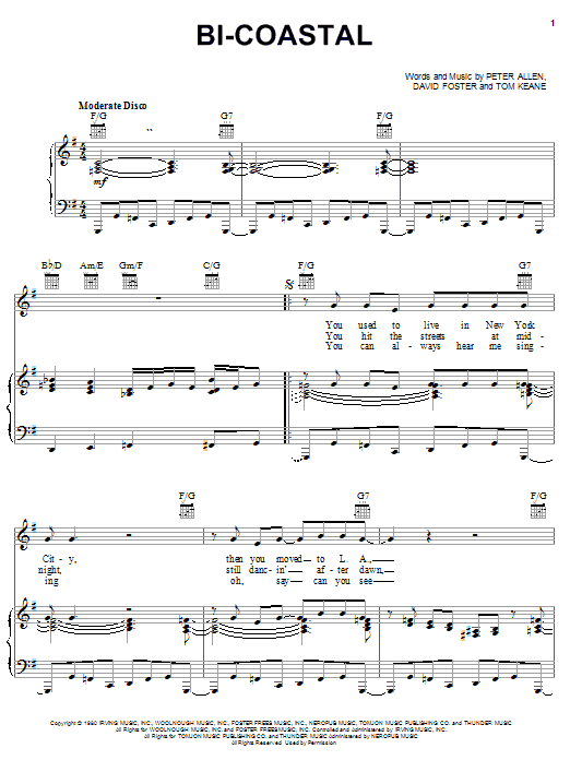 Learn to play Peter Allen Bi-Coastal sheet music for Piano, Vocal & Guitar Chords (Right-Hand Melody) in minutes. Price: 7.8900$ Peter Allen Bi-Coastal sheet music notes and chords arranged for Piano, Vocal & Guitar Chords (Right-Hand Melody)