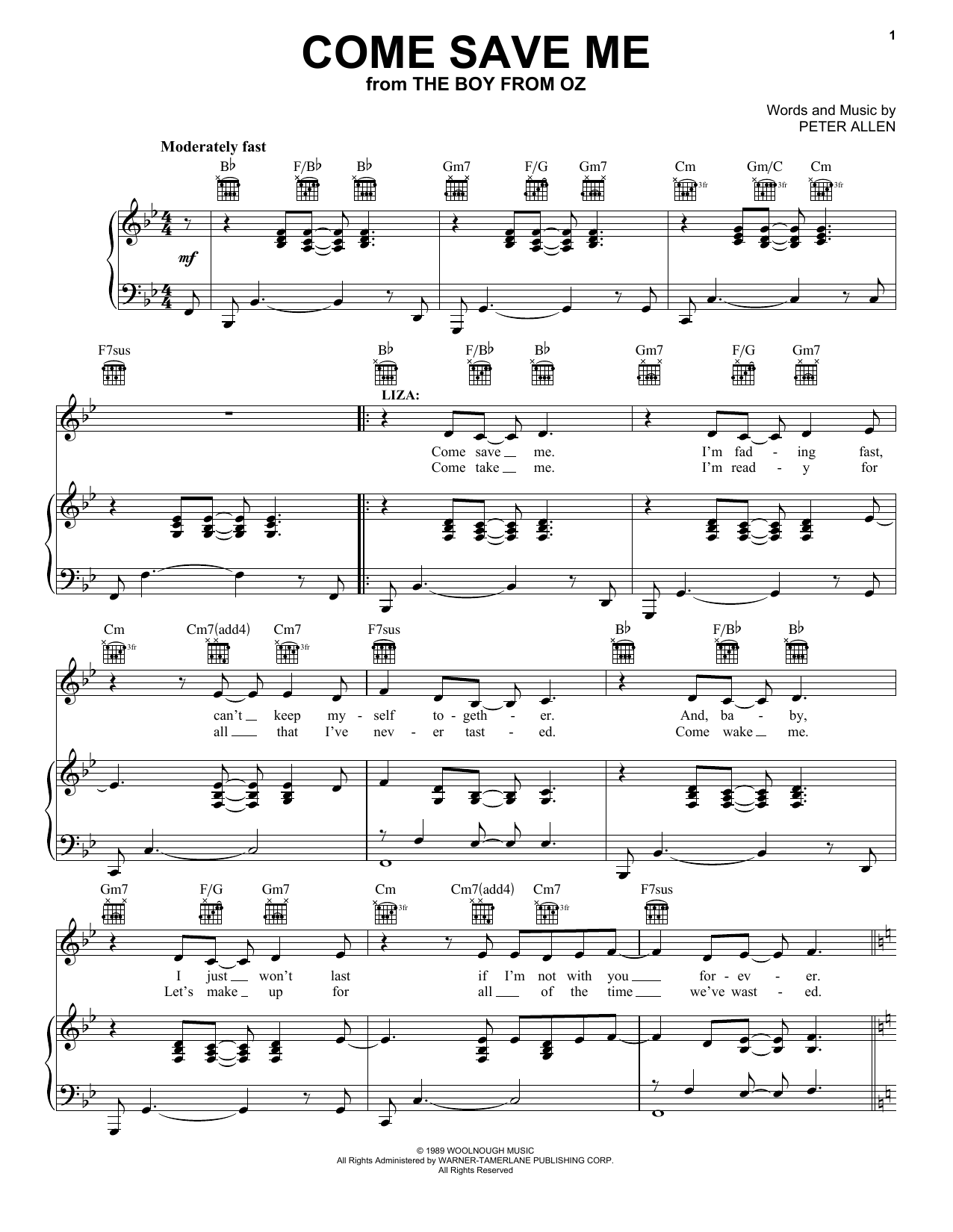 Learn to play Peter Allen Come Save Me sheet music for Piano, Vocal & Guitar Chords (Right-Hand Melody) in minutes. Price: 7.8900$ Peter Allen Come Save Me sheet music notes and chords arranged for Piano, Vocal & Guitar Chords (Right-Hand Melody)