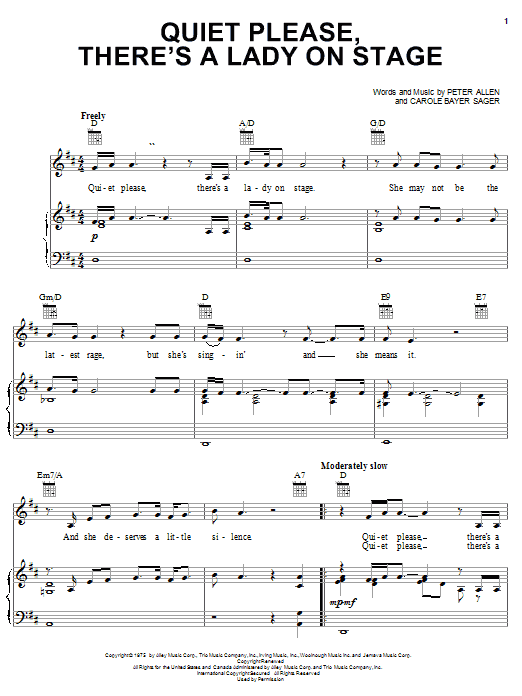 Learn to play Peter Allen Quiet Please, There's A Lady On Stage sheet music for Piano, Vocal & Guitar Chords (Right-Hand Melody) in minutes. Price: 7.8900$ Peter Allen Quiet Please, There's A Lady On Stage sheet music notes and chords arranged for Piano, Vocal & Guitar Chords (Right-Hand Melody)
