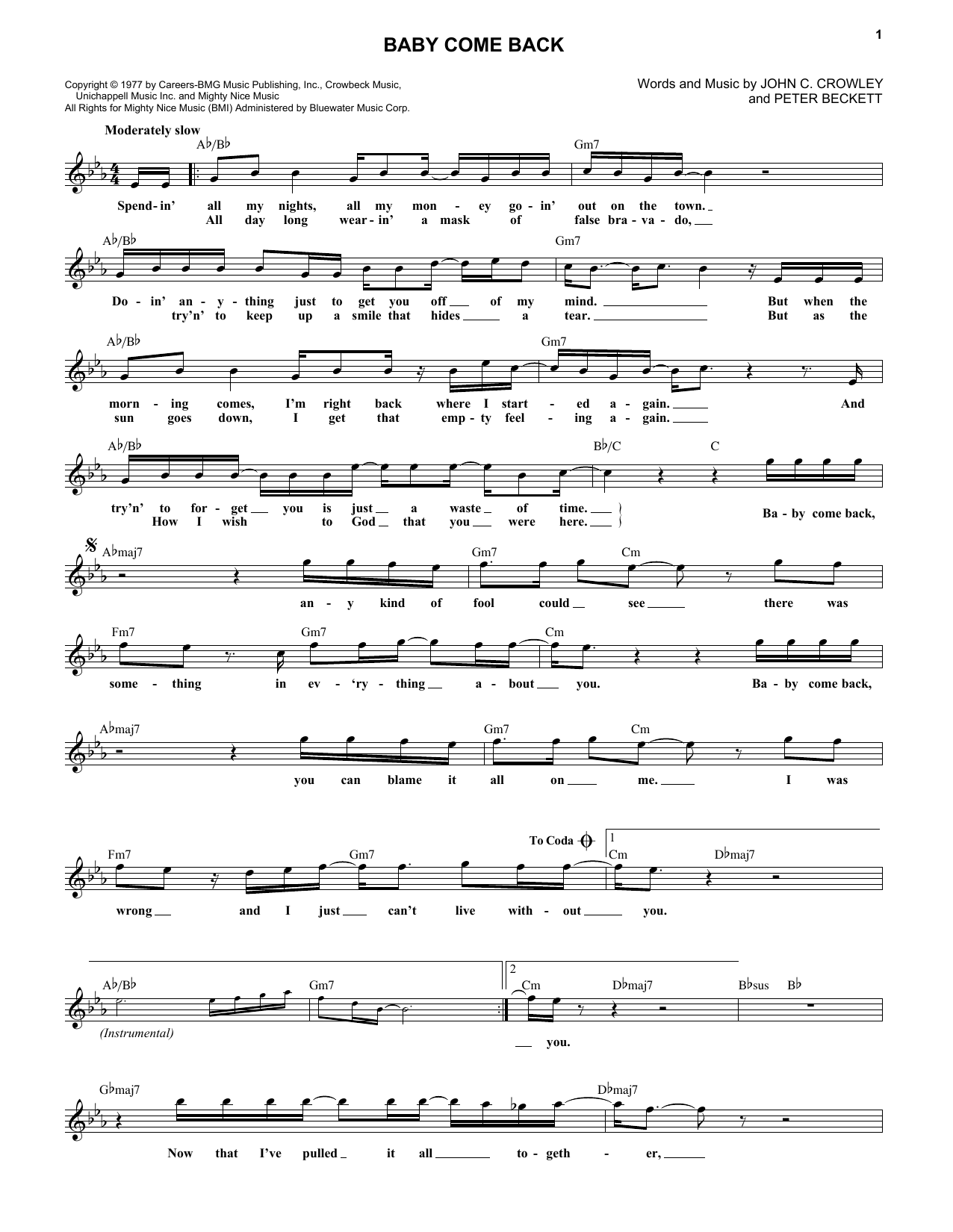 Peter Beckett Baby Come Back sheet music notes and chords. Download Printable PDF.