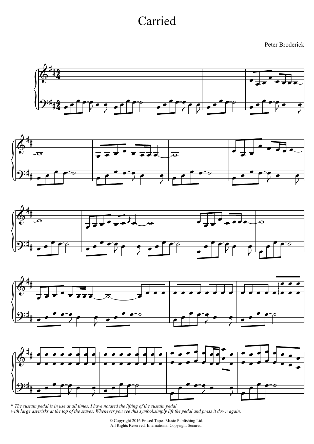 Learn to play Peter Broderick Carried sheet music for Piano Solo in minutes. Price: 6.9900$ Peter Broderick Carried sheet music notes and chords arranged for Piano Solo