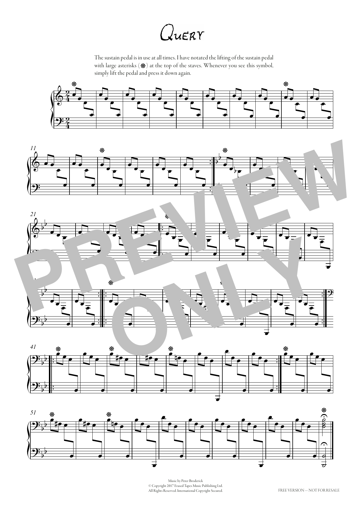 Learn to play Peter Broderick Query sheet music for Piano Solo in minutes. Price: 7.8900$ Peter Broderick Query sheet music notes and chords arranged for Piano Solo