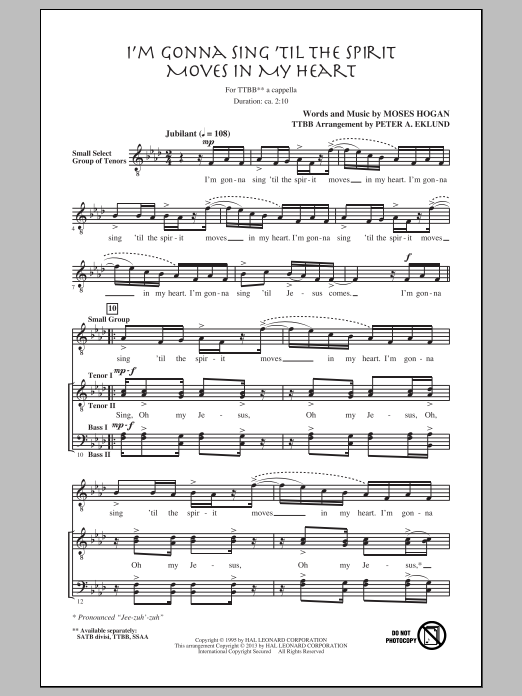 Peter Eklund I'm Gonna Sing 'Til The Spirit Moves In My Heart sheet music notes and chords. Download Printable PDF.