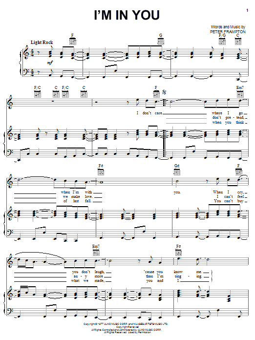 Peter Frampton I'm In You sheet music notes and chords arranged for Real Book – Melody, Lyrics & Chords