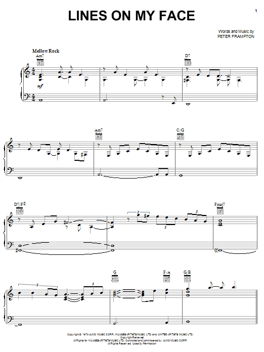 Peter Frampton Lines On My Face sheet music notes and chords arranged for Piano, Vocal & Guitar Chords (Right-Hand Melody)