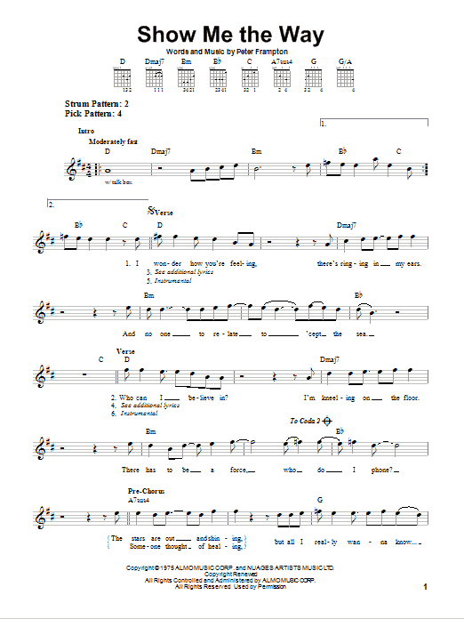 Peter Frampton Show Me The Way sheet music notes and chords. Download Printable PDF.