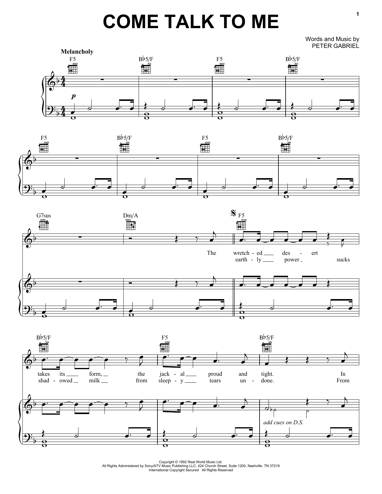 Peter Gabriel Come Talk To Me sheet music notes and chords. Download Printable PDF.