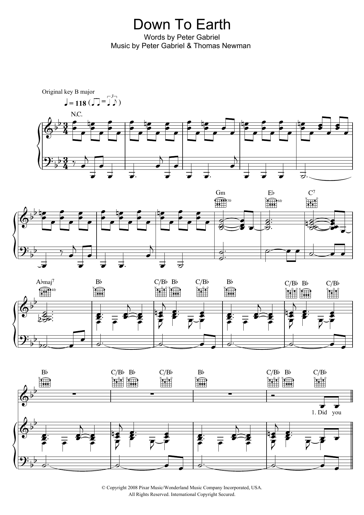 Peter Gabriel Down To Earth (from WALL-E) sheet music notes and chords. Download Printable PDF.