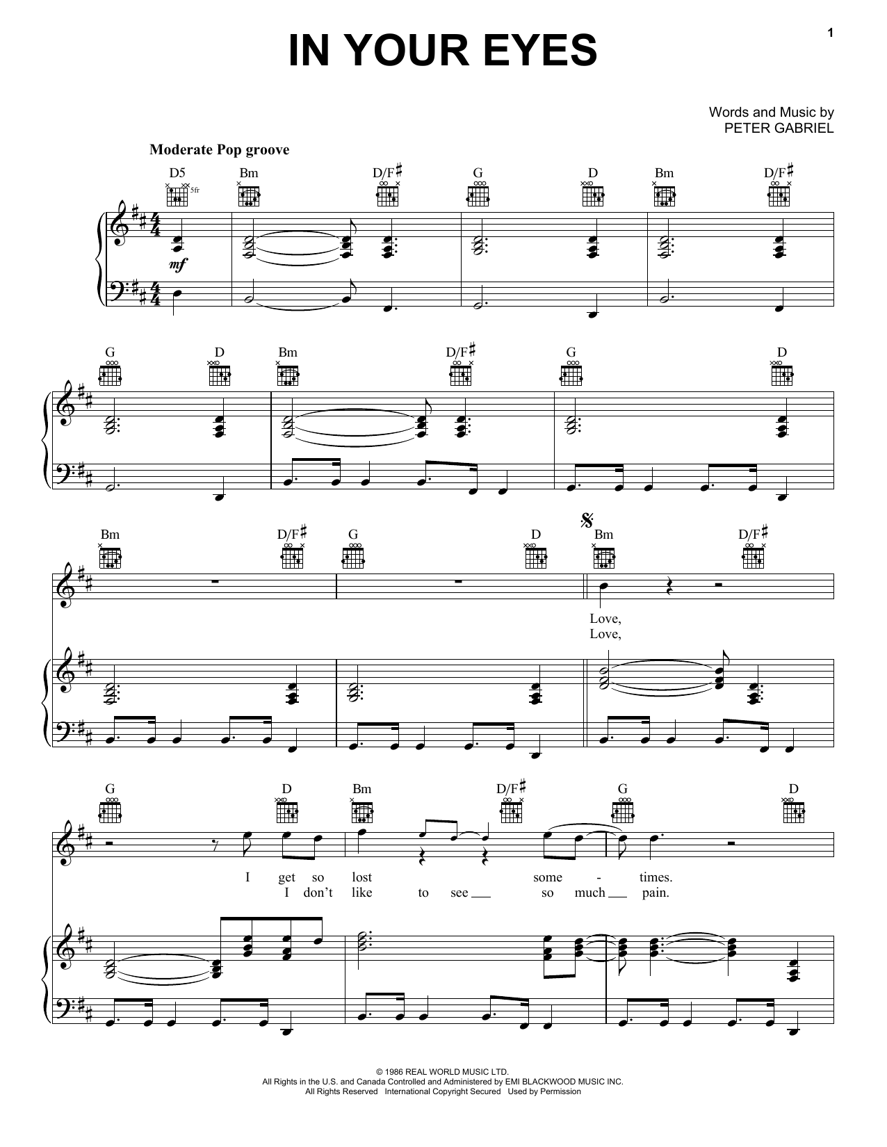 Peter Gabriel In Your Eyes sheet music notes and chords. Download Printable PDF.