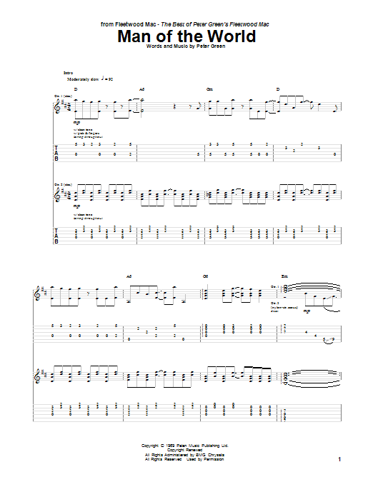 Peter Green Man Of The World sheet music notes and chords. Download Printable PDF.