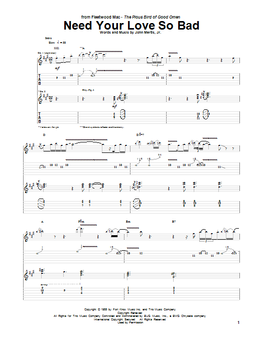 Peter Green Need Your Love So Bad sheet music notes and chords. Download Printable PDF.