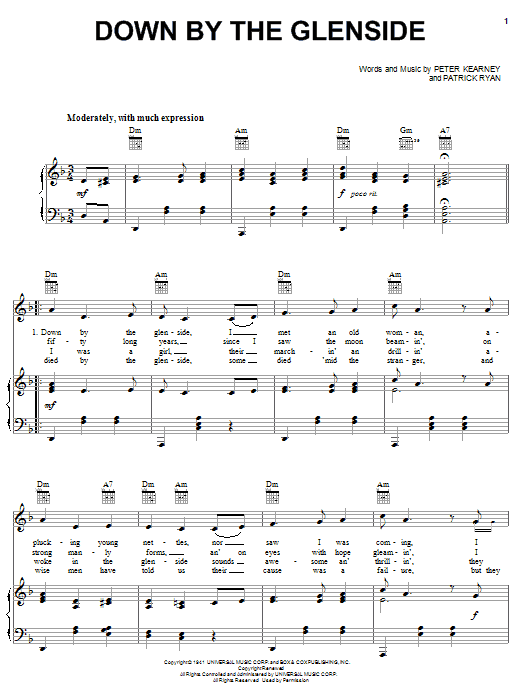 Learn to play Peter Kearney Down By The Glenside sheet music for Piano, Vocal & Guitar Chords (Right-Hand Melody) in minutes. Price: 7.8900$ Peter Kearney Down By The Glenside sheet music notes and chords arranged for Piano, Vocal & Guitar Chords (Right-Hand Melody)