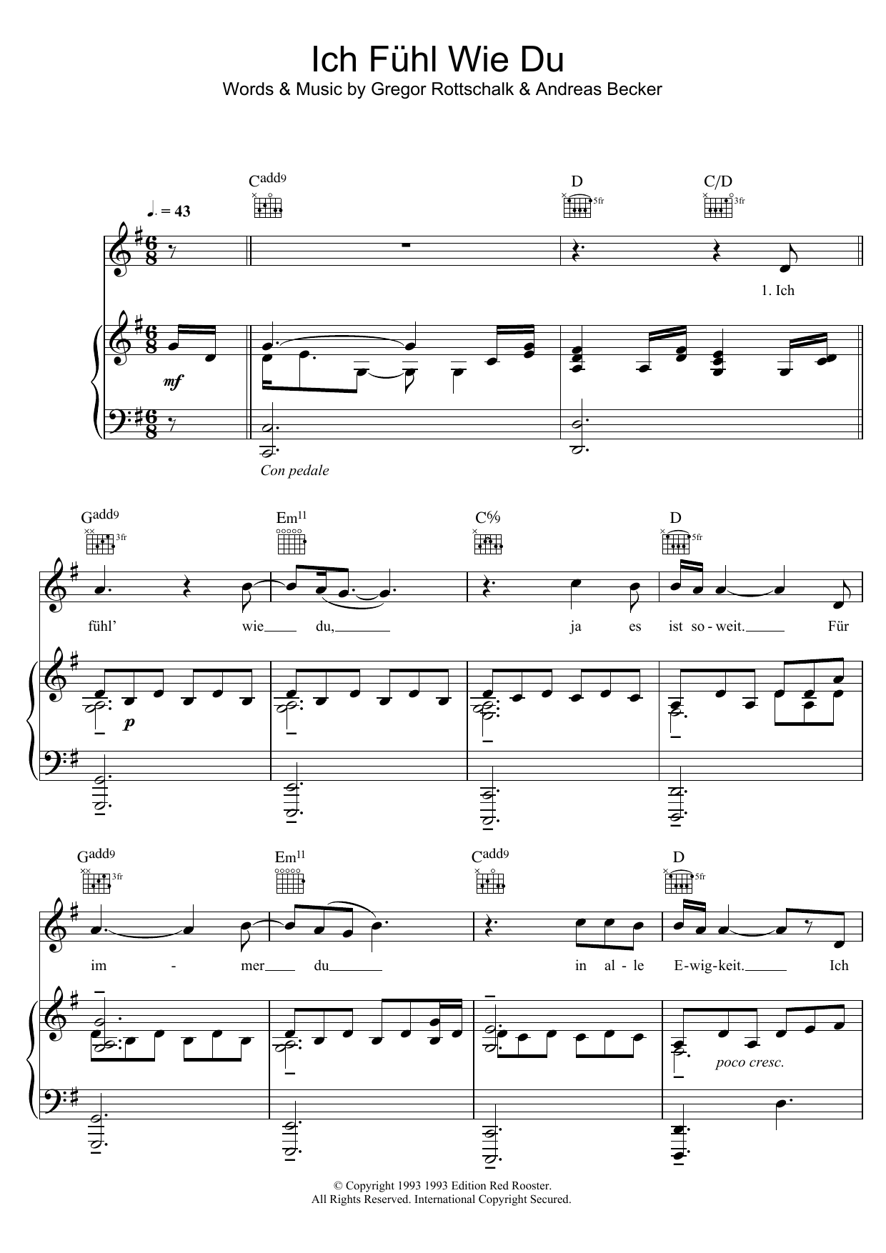 Peter Maffay Ich Fuhl Wie Du sheet music notes and chords. Download Printable PDF.