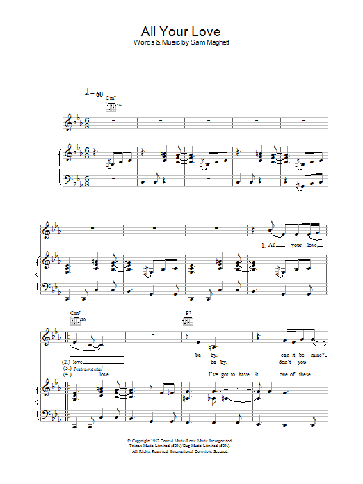 Learn to play Peter Malick & Norah Jones All Your Love sheet music for Piano, Vocal & Guitar Chords in minutes. Price: 7.8900$ Peter Malick & Norah Jones All Your Love sheet music notes and chords arranged for Piano, Vocal & Guitar Chords