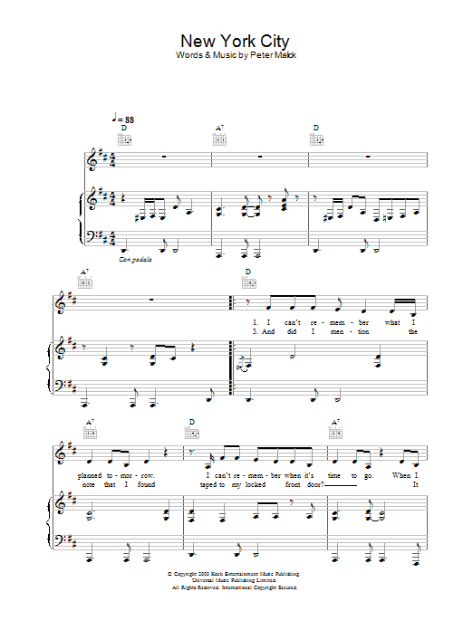 Peter Malick & Norah Jones New York City sheet music notes and chords arranged for Piano, Vocal & Guitar Chords