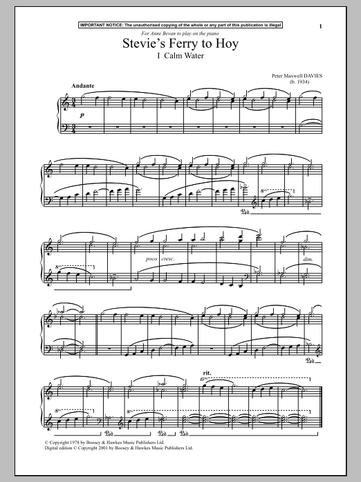 Peter Maxwell Davies Calm Water From Stevie's Ferry To Hoy sheet music notes and chords arranged for Piano Solo