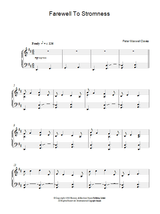 Learn to play Peter Maxwell Davies Farewell To Stromness sheet music for Piano Solo in minutes. Price: 7.8900$ Peter Maxwell Davies Farewell To Stromness sheet music notes and chords arranged for Piano Solo