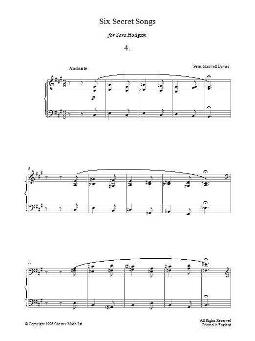 Peter Maxwell Davies Six Secret Songs, No.4, Andante sheet music notes and chords arranged for Piano Solo