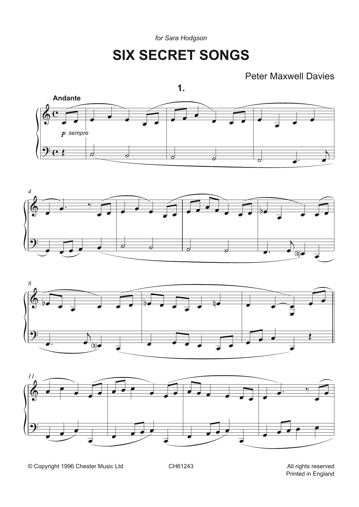 Learn to play Peter Maxwell Davies Six Secret Songs sheet music for Piano Solo in minutes. Price: 7.8900$ Peter Maxwell Davies Six Secret Songs sheet music notes and chords arranged for Piano Solo