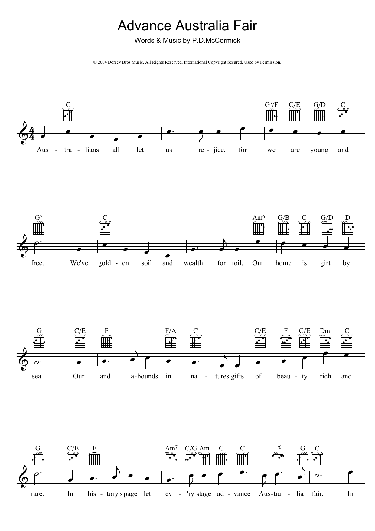Learn to play Peter McCormick Advance Australia Fair (Australian National Anthem) sheet music for Piano, Vocal & Guitar Chords in minutes. Price: 7.8900$ Peter McCormick Advance Australia Fair (Australian National Anthem) sheet music notes and chords arranged for Piano, Vocal & Guitar Chords