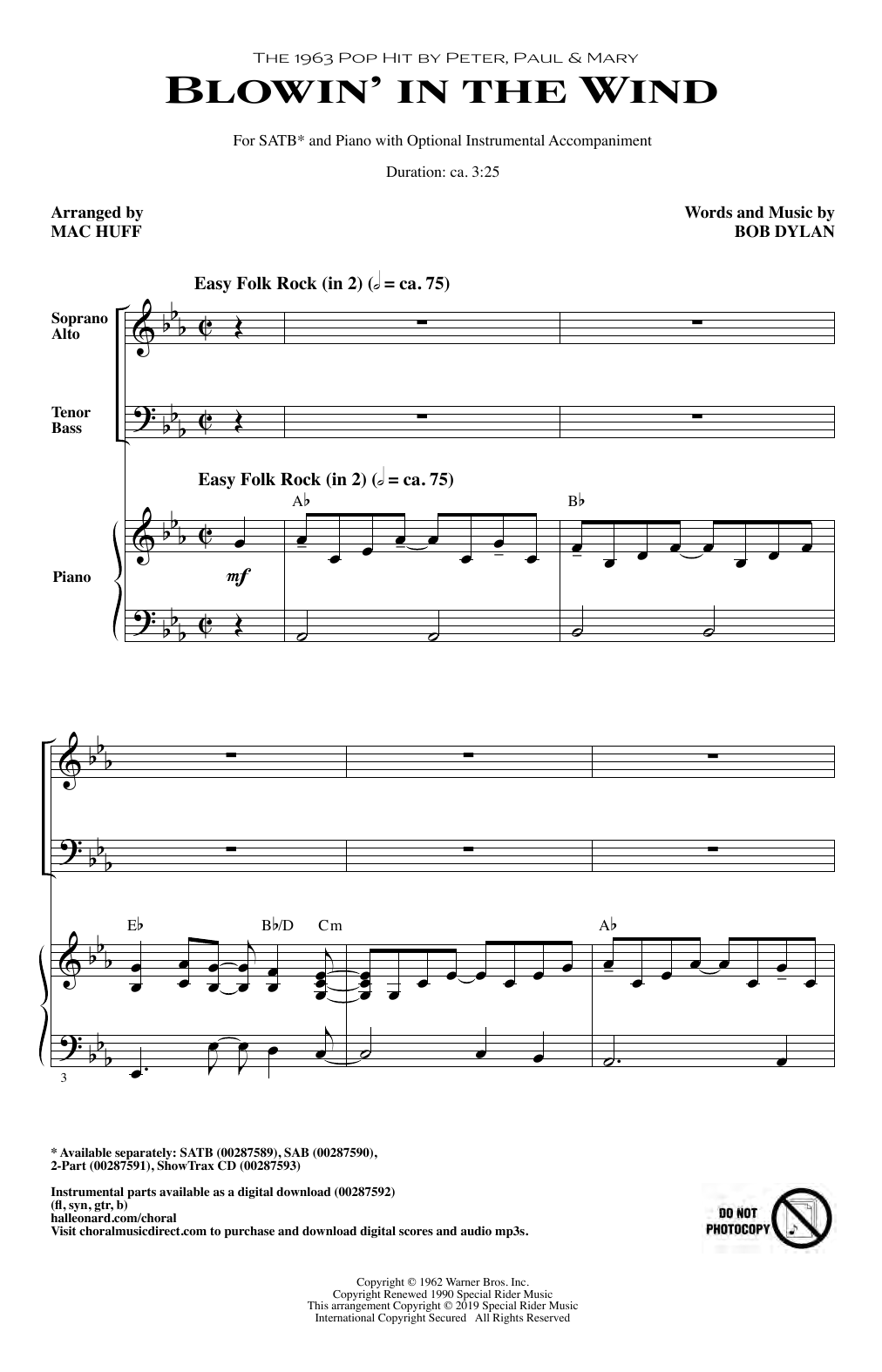 Peter, Paul & Mary Blowin' In The Wind (arr. Mac Huff) sheet music notes and chords. Download Printable PDF.