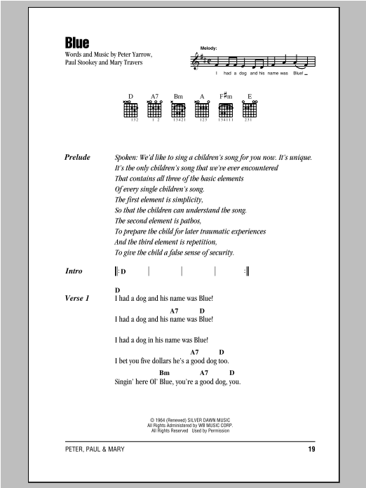 Peter, Paul & Mary Blue sheet music notes and chords. Download Printable PDF.